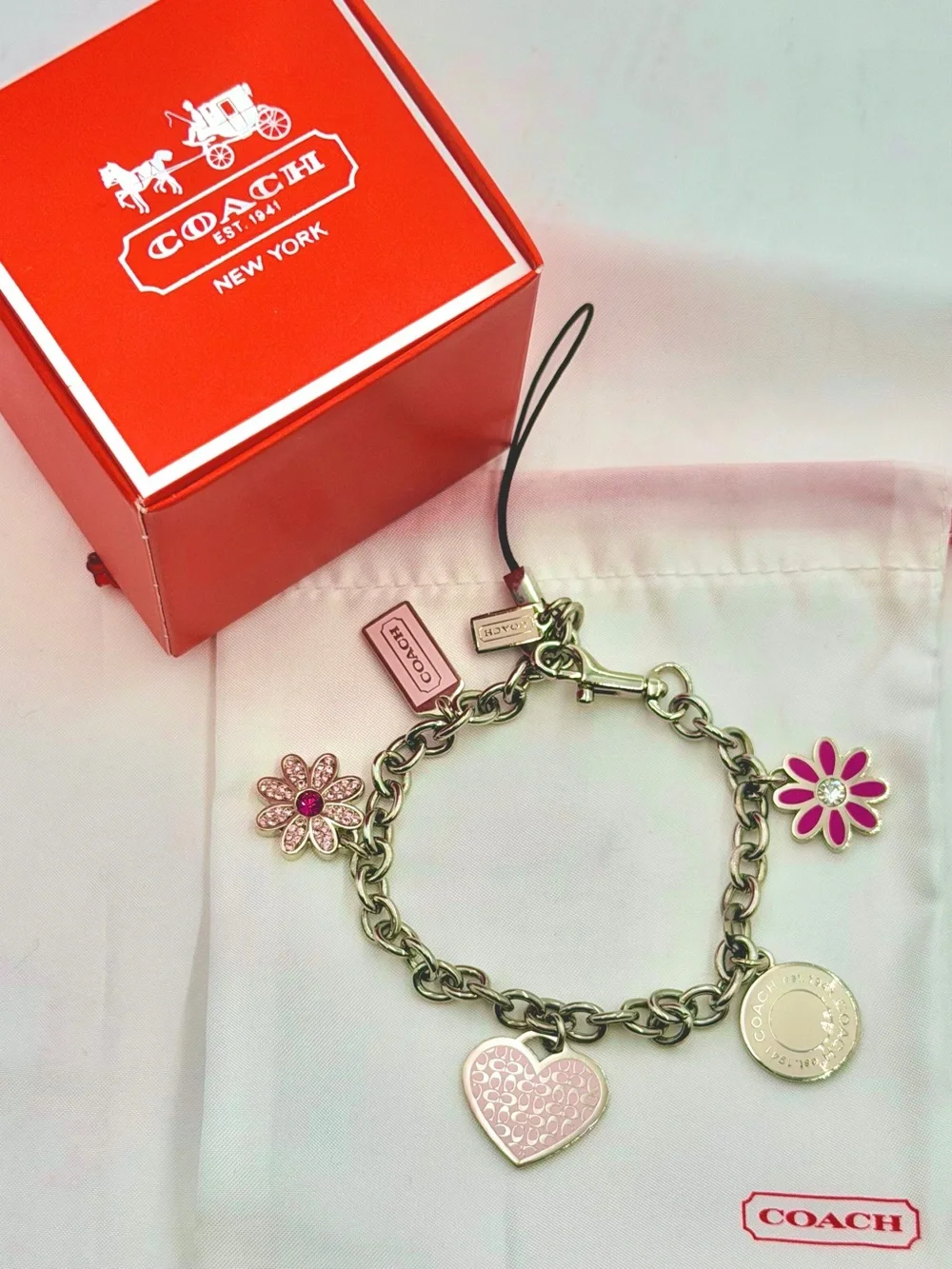 Vintage Coach Pink Daisy Swarovski Crystal Charm Dog Leash Clasp Bracelet/BagFob